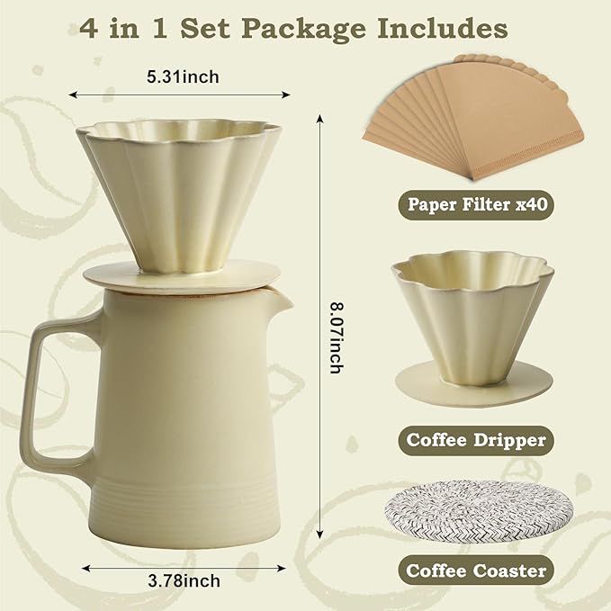 Pour Over Coffee Maker Ceramic Coffee Dripper with 40pcs V02 Paper Filter &amp Coaster 18.2oz/540ml Flower Shape Pour Over Coffee Filter set (Celadon Set)