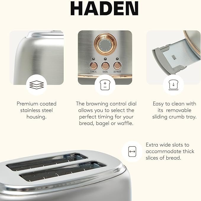 Haden Heritage 2 Slice Wide Slot Stainless Steel Toaster with Adjustable Browning Control &amp Non-Slip Feet Steel &amp Copper