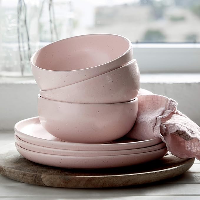 Casafina Ceramic Stoneware 18-Piece Place Setting Service for 6 with Cereal Bowls - Pacifica Collection Marshmallow Pink | Microwave &amp Dishwasher Safe Dinnerware Set | Restaurant Quality Tablewar