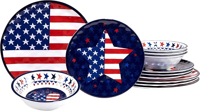 Unknown1 Stars Stripes 12-Piece Dinnerware Set Service for 4 Blue Multi Color Red Holiday Modern Contemporary Round 12 Piece Dishwasher Safe