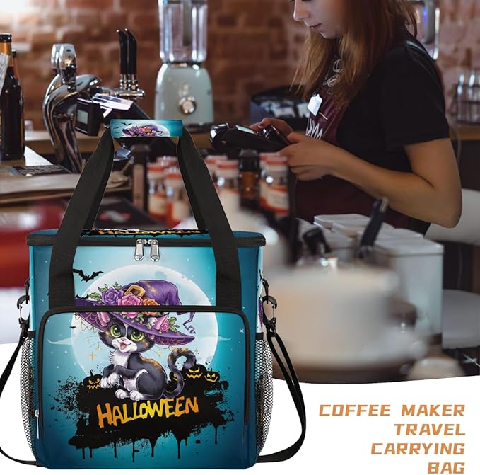 Halloween Flower Cat Moon Coffee Maker Carring Bag Travel Carrying Storage Tote Bag Compatible with Keurig K-Mini or K-Mini Plus Portable Single Serve Coffee Brewer Case with Pockets for K-cup Pods
