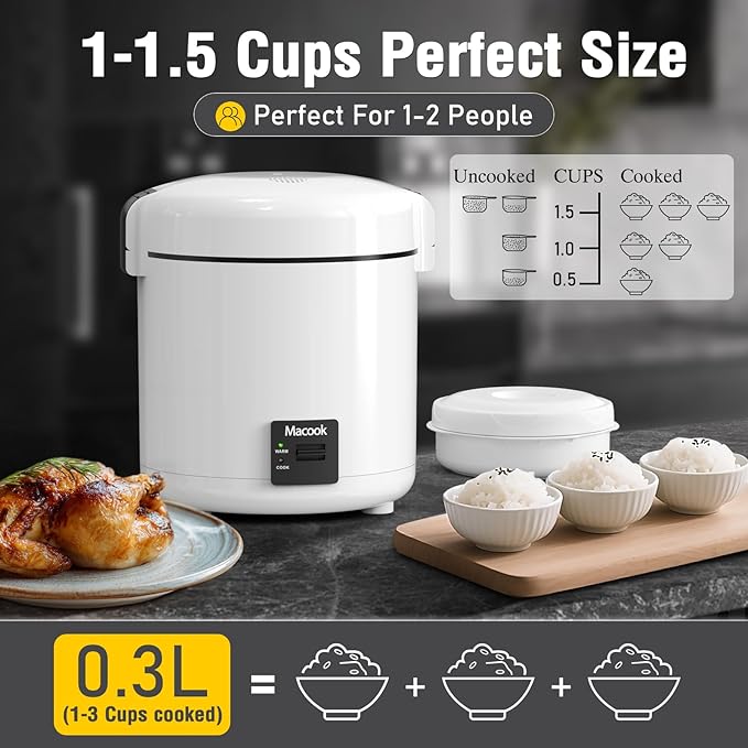 Mini Rice Cooker 1-1.5 Cups Uncooked(3 Cups Cooked) Rice Cooker Small with Bento Box Removable Nonstick Pot One Touch&ampKeep Warm Function Portable Cooker for Soup Grain Oatmeal Veggie Black