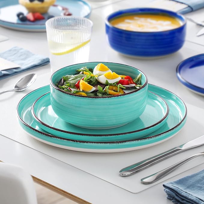 vancasso Bonita Dinnerware Sets 24 Pieces Blue Stoneware Dishes Set for 6 Dinner Platers with Bowls Set Dishwasher and Microwave Safe