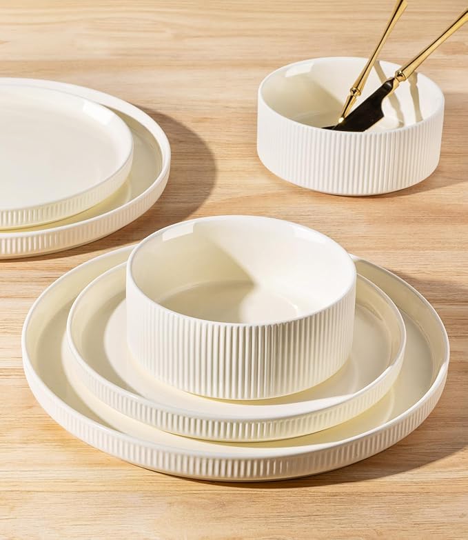 TheTerra Ceramic Dinnerware Sets with Pasta Bowls for 4 16 Pieces Porcelain Lightweight Speckled Plates and Bowls Sets Scratch Resistant Dish Set Oven &amp Microwave &amp Dishwasher Safe Beige