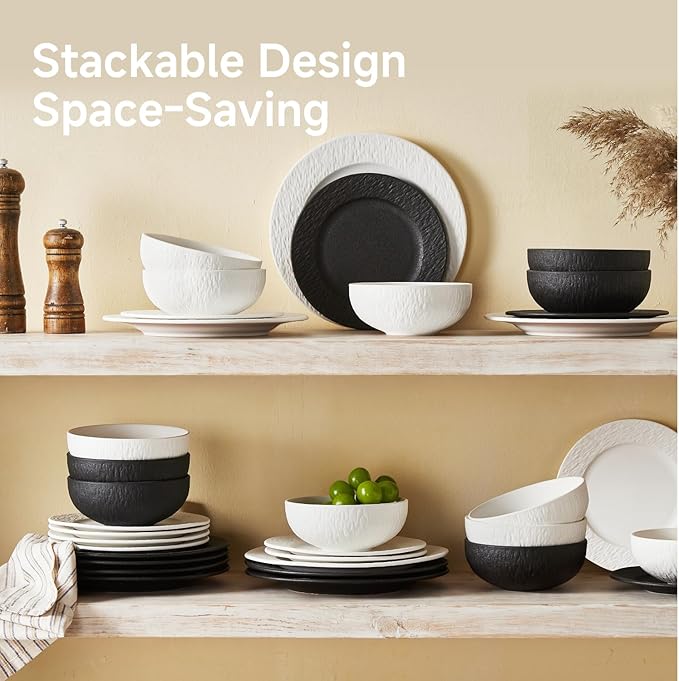 KINGSTONE Dinnerware Sets 12-Piece Matte Marble Pattern Premium Porcelain dishes set Plates and Bowls Sets for 4 Place Setting with Dinner Plate Salad Plate Pasta Bowl (White)