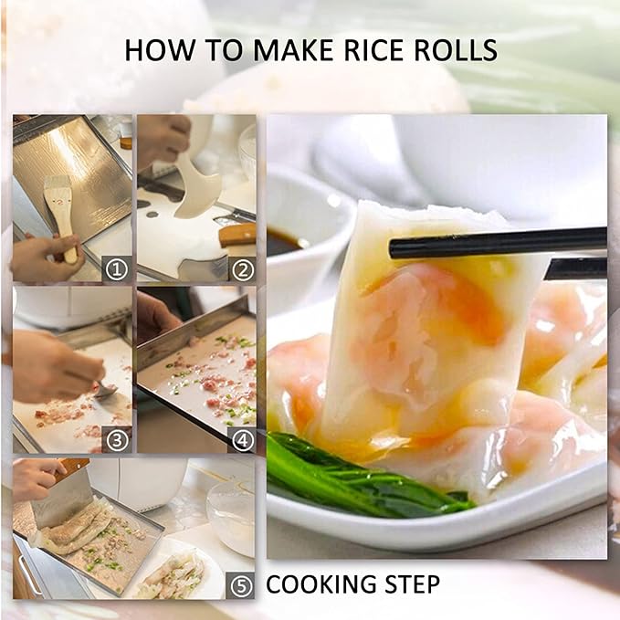 Food-Grade Stainless Steel Rice Noodles Steamer - 2-Layer Rice Noodle Rolls Maker Cantonese Cuisine Roll Cooker with 3 Trays
