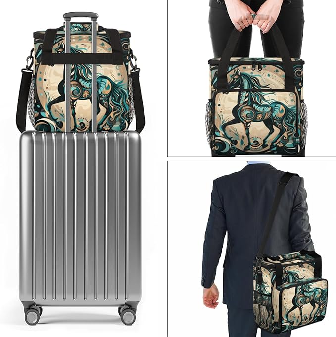 Abstract Horse Coffee Maker Carrying Bag Aztec Horse Travel Storage Bag Compatible with K-Mini or K-Mini Plus Single Serve Coffee Brewer Carrying Case with Multiple Pockets &amp Shoulder Strap