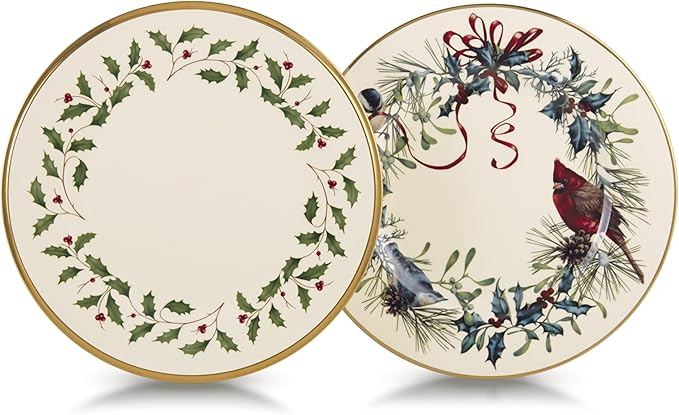 Lenox Holiday 6-Piece Salad Plates Dinnerware Set Service For 6 Porcelain Dishwasher Safe Round Plates Set Ivory Red &amp Green Perfect for Gatherings Hosting Christmas Dinnerware (Ivory 6 Pi