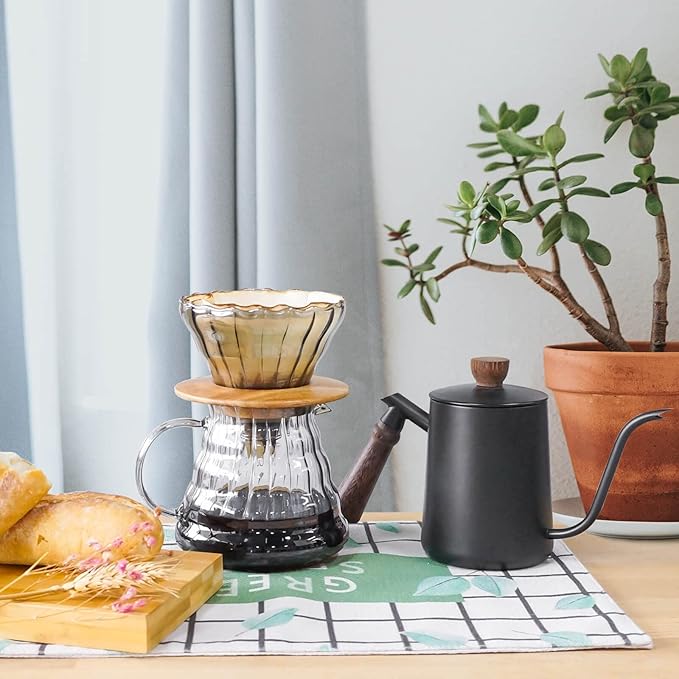 SOTECH Pour Over Coffee Maker Set with Black Gooseneck Kettle Wooden Pad Holder Coffee Dripper Server DIY Manual Portable Coffee Maker Set