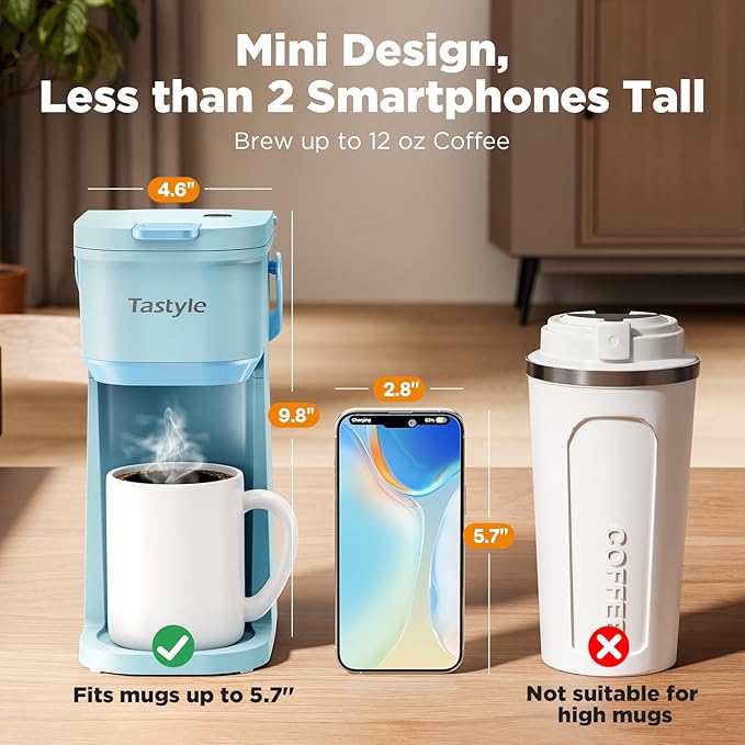 Single Serve One Cup Coffee Maker for K Cups and Grounds Mini Coffee Maker with Portable Handle 6 to 12 Oz Brew Size for Travel Camping Office RV and Dorm 120V Aqua