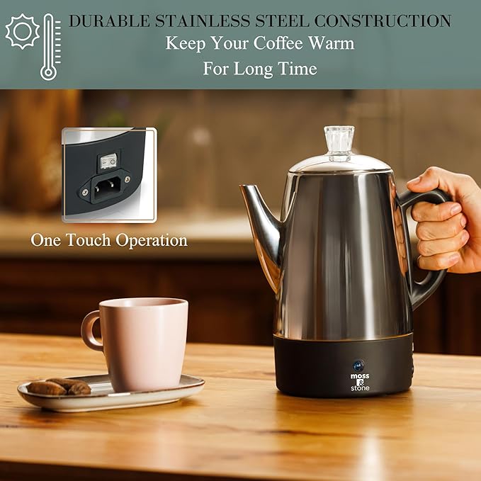 Moss &amp Stone Percolator Coffee Pot Electric 10 Cup Stainless Steel Coffee Maker. With Keep Warm Function 10 Cups Stainless Steel Percolator With Coffee Basket