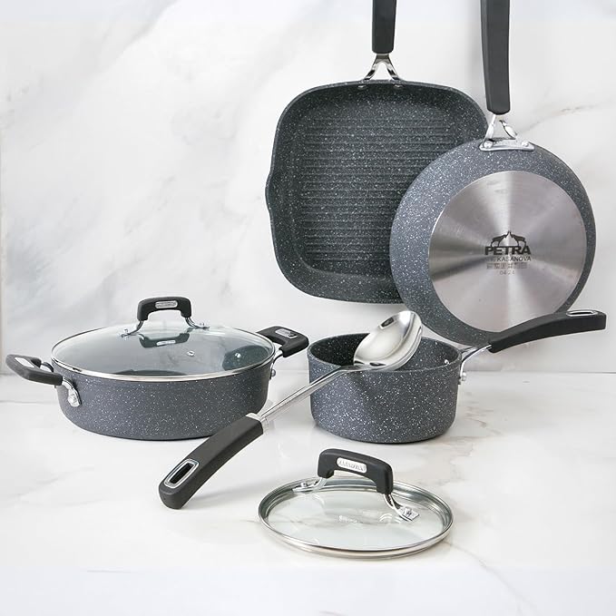 New Petra Dark 7-Pcs Cookware set Nonstick Induction ready Aluminum cookware set with glass lids Frying Pans &amp Casseroles PFOA free with kitchen turner