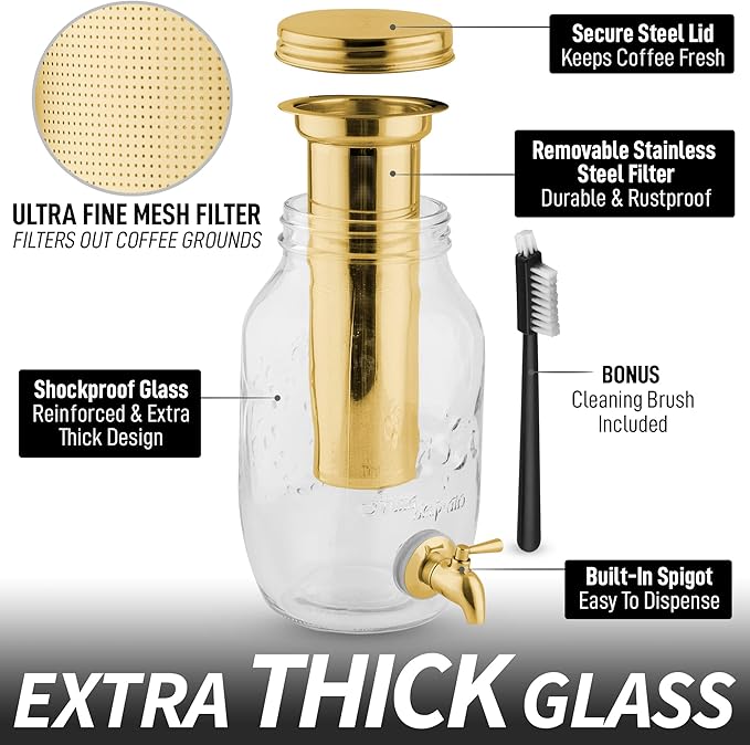 Zulay Kitchen 1.5 Liter Cold Brew Coffee Maker with EXTRA-THICK Glass Carafe &amp Stainless Steel Mesh Filter - Premium Iced Coffee Maker Cold Brew Pitcher &amp Tea Infuser (Gold)