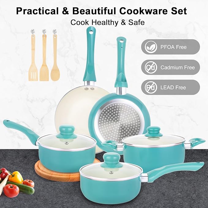 Pots and Pans Set Nonstick 11pcs Kitchen Cookware Sets Induction Cookware Ceramic Non Stick Cooking Set Stay Cool Handle &amp Bamboo Kitchen Utensils 100% PFOA Free Turquoise