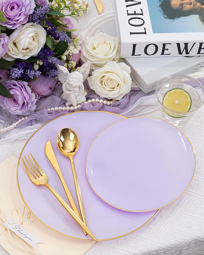 bUCLA 150PCS Purple Plastic Plates - Light Purple and Gold Disposable - Include 25 Each (Dinner &amp Dessert) lavender Plates 25 Knives 25 Forks 25 Spoons &amp 25 Cups for Party Easter &amp Wed