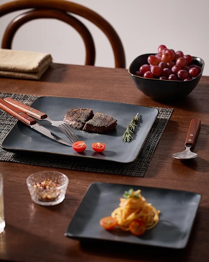 Famiware Dinnerware Sets for 6 Ocean Square 18-Piece Kitchen Plates and Bowls Sets Microwave and Dishwasher Safe Scratch Resistant Matte Black