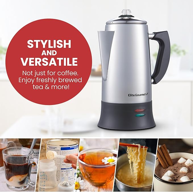Elite Gourmet EC924 Electric Coffee Percolator BPA Free Keep Warm Clear Brew Progress Knob Cool-Touch Handle Cordless Serve 12-Cup Stainless Steel
