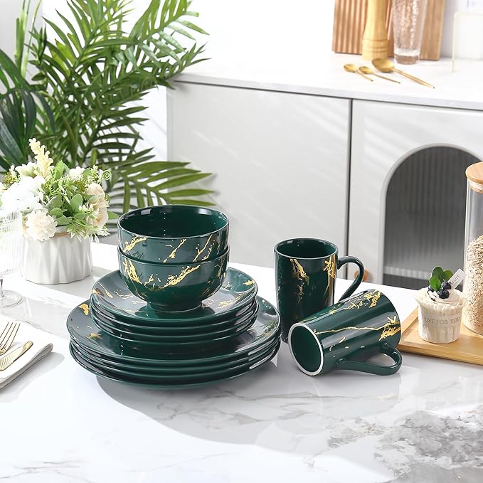 Modern Porcelain 16 Piece Green Dinnerware SetPlates and Bowls SetsGold Dish Set for 4Green Dinnerware SetDinner Sets with Dinner Plates.