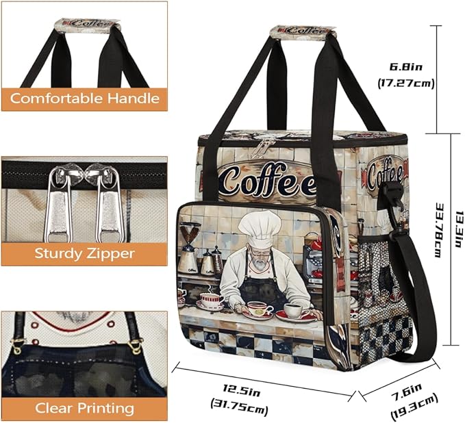 cfpolar Coffee Chef Pattern Coffee Maker Carrying Bag Coffees Machine Travel Storage Bag Compatible with K-Mini or K-Mini Plus Portable Single Serve Coffees Brewer Case with Pockets for K-Cup Pods