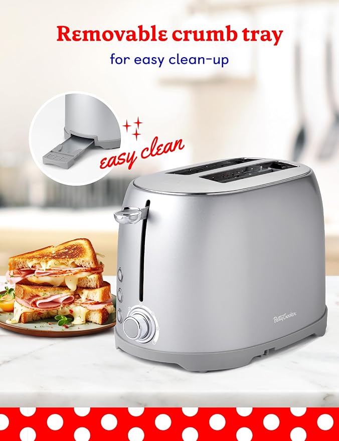 Betty Crocker 2-Slice Multi-Function Toaster Toaster 2 Slice with Extra Wide Slots for Thick Bread Bagel &amp Waffle Toast Shade Control Dial Slide Out Crumb Tray Silver