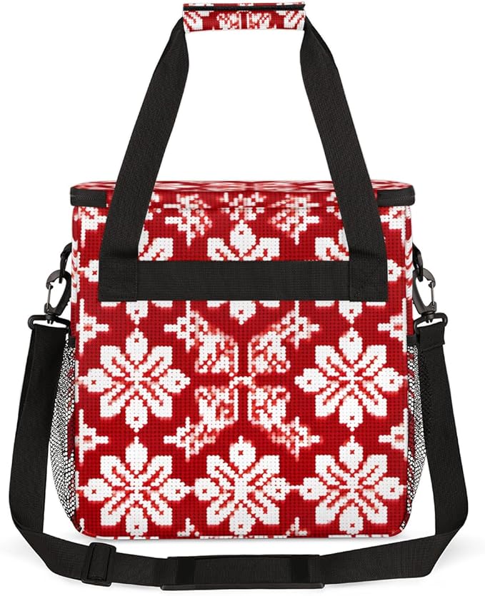Christmas Snowflake Coffee Maker Carrying Bag Red Ethnic Pattern Travel Storage Bag Compatible with K-Mini or K-Mini Plus Single Serve Coffee Brewer Carrying Case with Pockets &amp Shoulder Strap