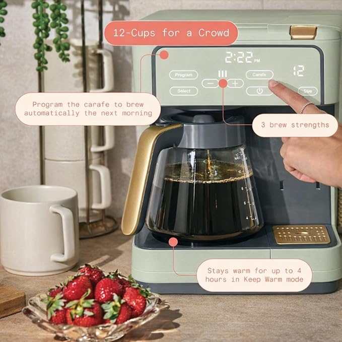 Multi Brew Coffee Maker with Single Serve and Carafe Brewing Options for Countertop Home Use (Sage Green)