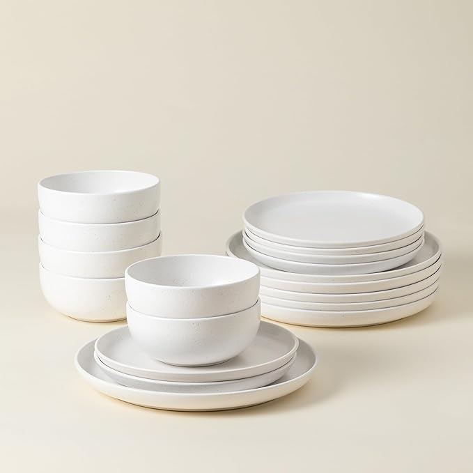 Casafina Ceramic Stoneware 18-Piece Place Setting Service for 6 with Cereal Bowls - Pacifica Collection Salt White | Microwave &amp Dishwasher Safe Dinnerware Set | Restaurant Quality Tableware