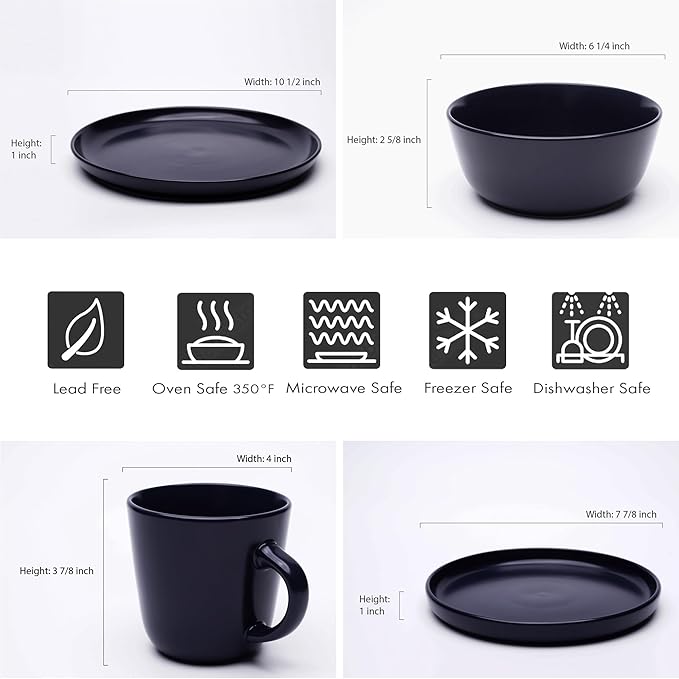 MÜLLERHEIM 903 Minimalist Collection 16-Piece Contemporary Ceramic Stoneware Dinnerware Sets for 4 Blueberry Plates and Bowls sets Dinner Plates Set Salad Dish Set Bowls Cup