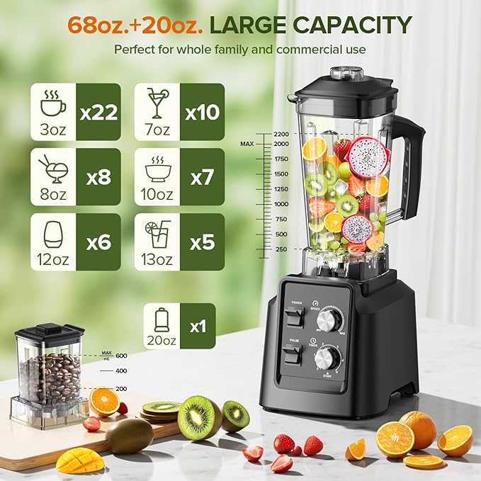 Blender 1800W Blender with Grinder - 6-Blade Professional Smoothie Blenders for Kitchen Crushes Ice Self-Cleaning 68oz &amp 20oz Jars Dishwasher Safe for Baby Food Nut Butter