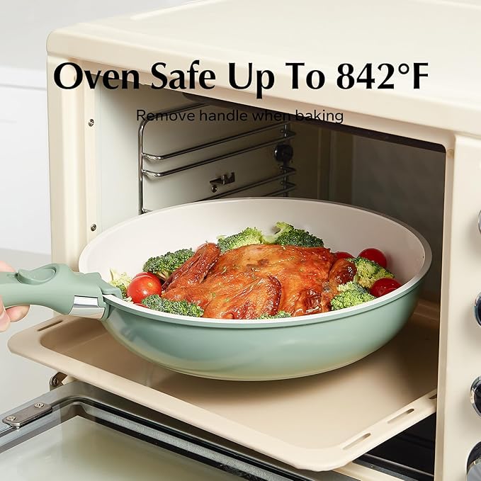 Ceramic Pots and Pans Set Non Stick Nonstick Kitchen Cookware Sets Non Toxic Pots and Pans Set Non Stick PFAS PFOA &amp PTFE Free Detachable Handle Pots and Pans 6 Piece RV Cookware (Green)