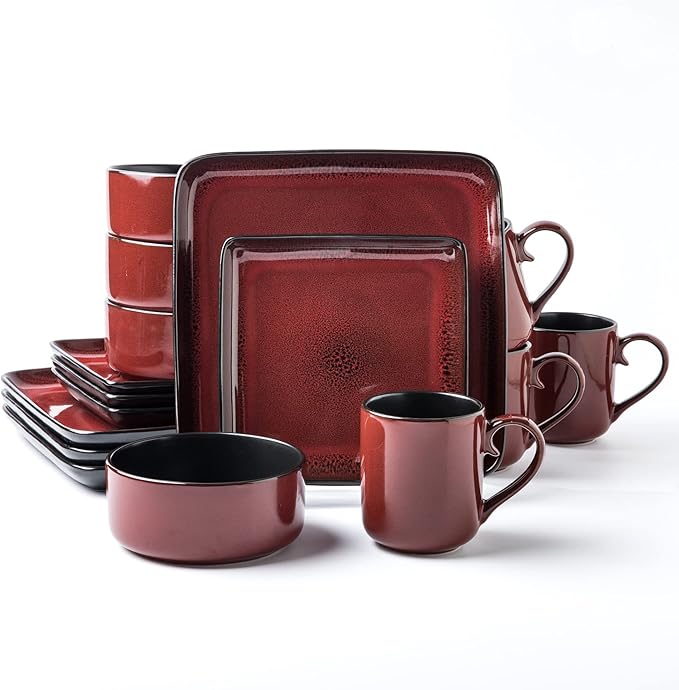 FLACKAR Square Stoneware 16pc Dinnerware Set for 4 Dinner Plates Side Plates Cereal Bowls Mugs - Reactive Glaze Red (485450)