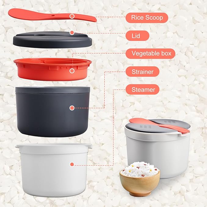 Qivine Microwave Rice Cooker 2L Microwave Pasta Cooker 2 Layer Microwave Vegetable Steamer with Strainer Non-Stick Rice Cooker for Microwave Dishwasher Safe