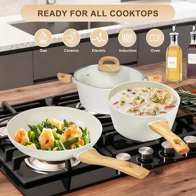 EWFEN 25 Pcs Pots and Pans Set Nonstick Ceramic Cookware Sets Healthy Non-Toxic Large Capacity Induction Compatible Cooking Set with Frying Pans &amp Saucepans PFAS/PTFE/PFOA Free Cream White