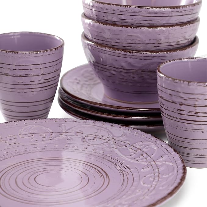16-Piece Stoneware Dinnerware Set – Ocean Bloom Sea Glass Mica Calcite Jasper &amp Deep Ocean – Microwave Safe Dishwasher Safe Service for 4 with Reactive Glaze Finish (Purple)