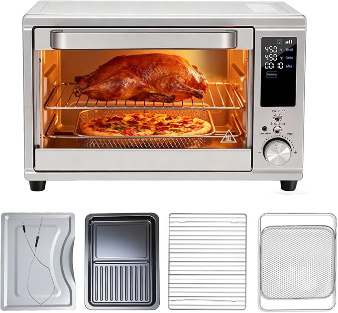 NEWBULIG 30QT Air Fryer Toaster Oven 13-in-1 Multi-Function Smart Airfryer Large Countertop Air Fryer Oven 0-450°F Heating Control 120 Min Timer Chrome Fry Basket Interior Light
