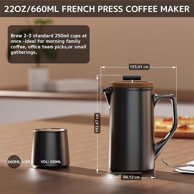 DHPO Ceramic French Press Coffee Maker 22oz Single Serve Coffee Press with Walnut Wood Lid Lead-Free Food Grade Stainless Steel Filter with Dual Screen for Coffee and Loose Tea Black