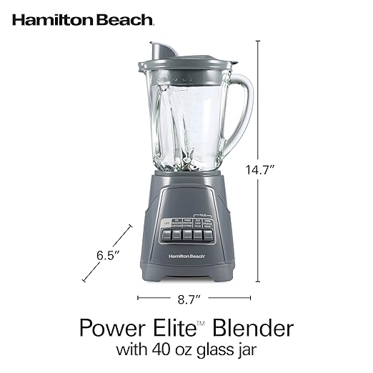 Hamilton Beach Power Elite Wave Action Blender For Smoothies 40 Oz Glass Jar 12 Functions Including Puree Crush Ice 700 Watts Grey (58153J)