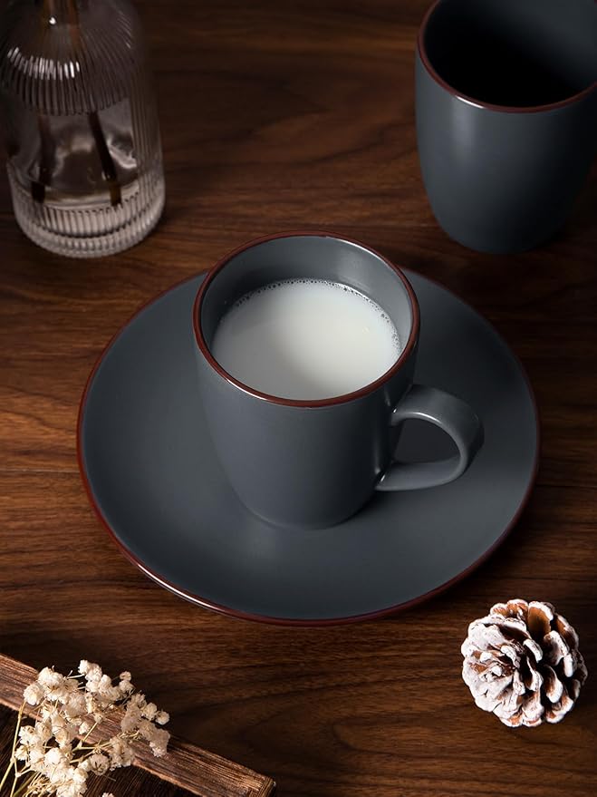 Famiware Venus Plates and Bowls Sets with Coffee Mugs Set 18 Pieces Stoneware Dinnerware Sets Charcoal