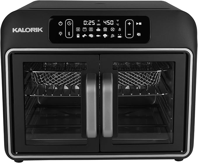 Kalorik Air Fryer Convection Oven Designer Series 26-Quart with Dual Speed Fan Easy Pull French Doors and 14 Smart Cooking Presets Includes 5 Cooking Accessories 1700-Watts Black