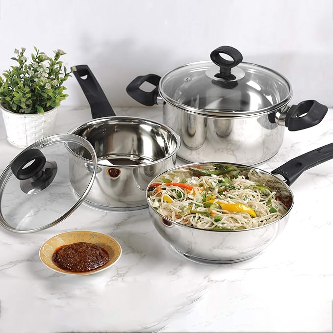 Vinod Stainless Steel Induction Friendly Trento Cookware set-3-Pieces Saucepan (16cm/1.5 Litre) 1- Piece Saucepot (20 cm/ 3 Litre) 1- Piece Deluxe kadai(20 cm/ 1.5 Litre)
