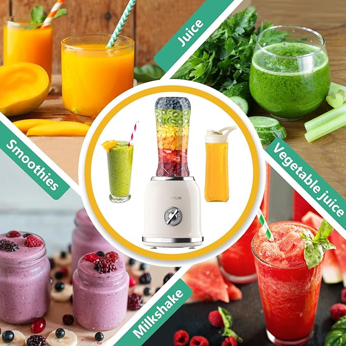 Personal Blender 3 Speed Retro Smoothie Blender for Protein Drink Smoothie Maker with 6-Edge Blade and 2 * 20oz BPA Free Travel Cups