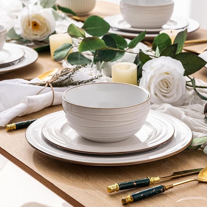 GBHOME Ceramic Dinnerware Sets 24 pcs Embossed Elegant Stoneware Plates and Bowls Sets Housewarming Wedding Gift | Dishwasher &amp Microwave Safe | Dishes Set Service for 8