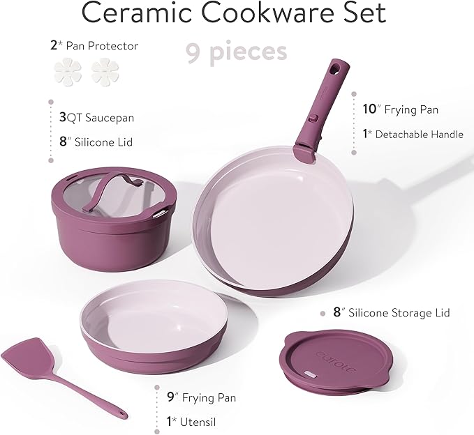 CAROTE Ceramic Cookware SetPots and Pans set Non StickInduction Cookware Set with Removable HandleRV Kitchen Cooking SetNon-toxic Kitchen Cooking Set PFAS and PFOA FreePurple