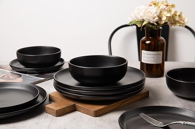 12-Piece Stoneware Dinnerware Set for 4 10 Plates &amp 7.5 Salad Plates &amp 5.9 Bowls Microwave &amp Dishwasher Safe Stackable Matte Glaze Kitchenware Chip &amp Scratch Resistant(Black)