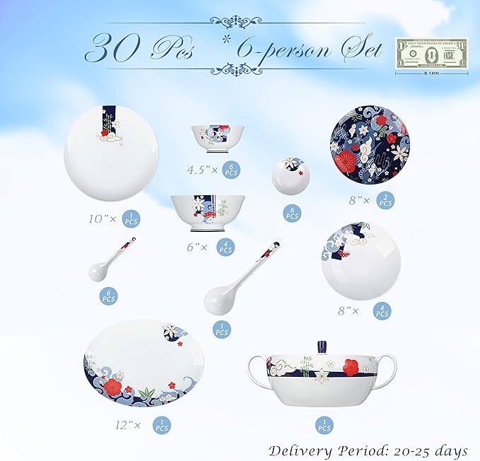 Fine Bone China Dinnerware SetPorcelain&ampCeramic Dinnerware SetsBone Stoneware &amp Ceramic Cookware Tableware Set Includes Dinner Plates|Spoons|Pasta Bowls|Soup Pot|Chopsticks (30PCS * 6-Person