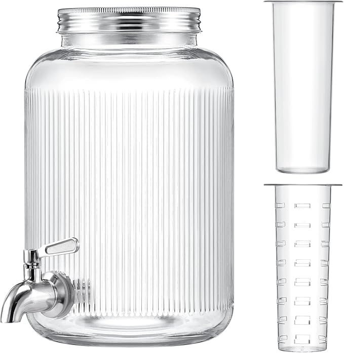 Navaris Glass Drink Dispenser with Tap - 4L (1 gal) Ripple Design Beverage Dispenser with Ice Insert &amp Fruit Infuser - for Cold Brew Coffee Cocktails Juice Water &amp other Drinks