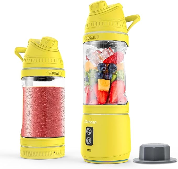 Portable Blender Anti-Jamming 300 Watt for Shakes and Smoothies 24oz Travel Blender USB Rechargeable BPA Free Sporty bottle with a Travel Lid. (Black Base Grey Lid) (Yellow Base Yellow Lid)