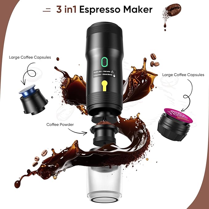 Portable Electric Espresso Machine Car Self-Heating Coffee Maker with USB-DC Travel Coffee Machine for Camping Compatible With NS Capsules &amp Ground Coffee Portable Coffee Maker for Hiking RV