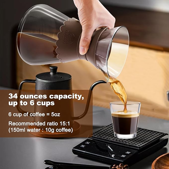 34oz Pour Over Coffee Maker with Double Layer Stainless Steel Filter Borosilicate Glass Dripper Detachable Heat-Resistant Leather Pad 7-8 Cups Coffee Maker Carafe（Dark brown）