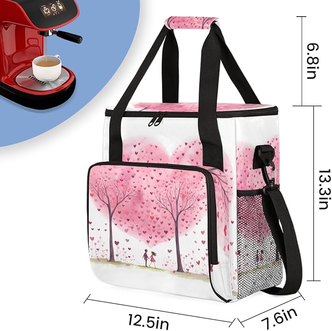 Pink Heart Tree Coffee Maker Carrying Bag Portable Travel Storage Tote Bag Compatible with K-Mini or K-Mini Plus Single Serve Coffee Brewer Carrying Case with Multiple Pockets &amp Shoulder Strap